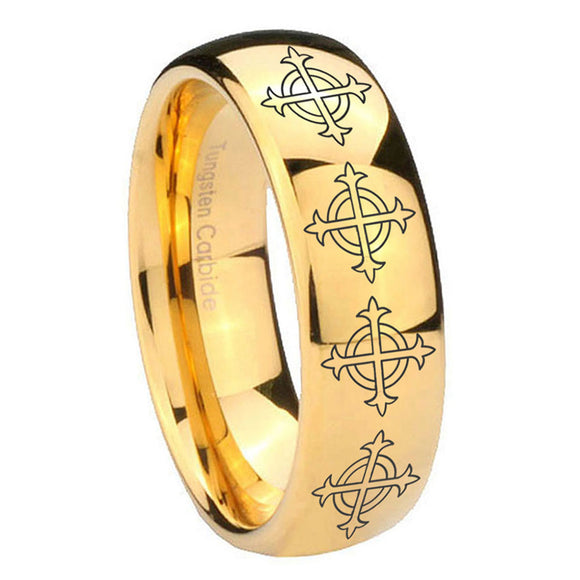 8mm-Multiple-Crosses-Dome-Gold-Tungsten-Carbide-Mens-Ring-Engraved