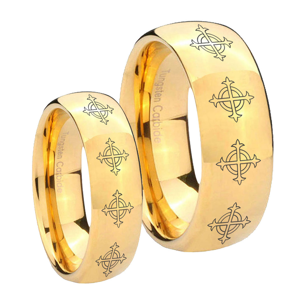 Multiple Crosses Dome Gold Tungsten His Hers Set Rings