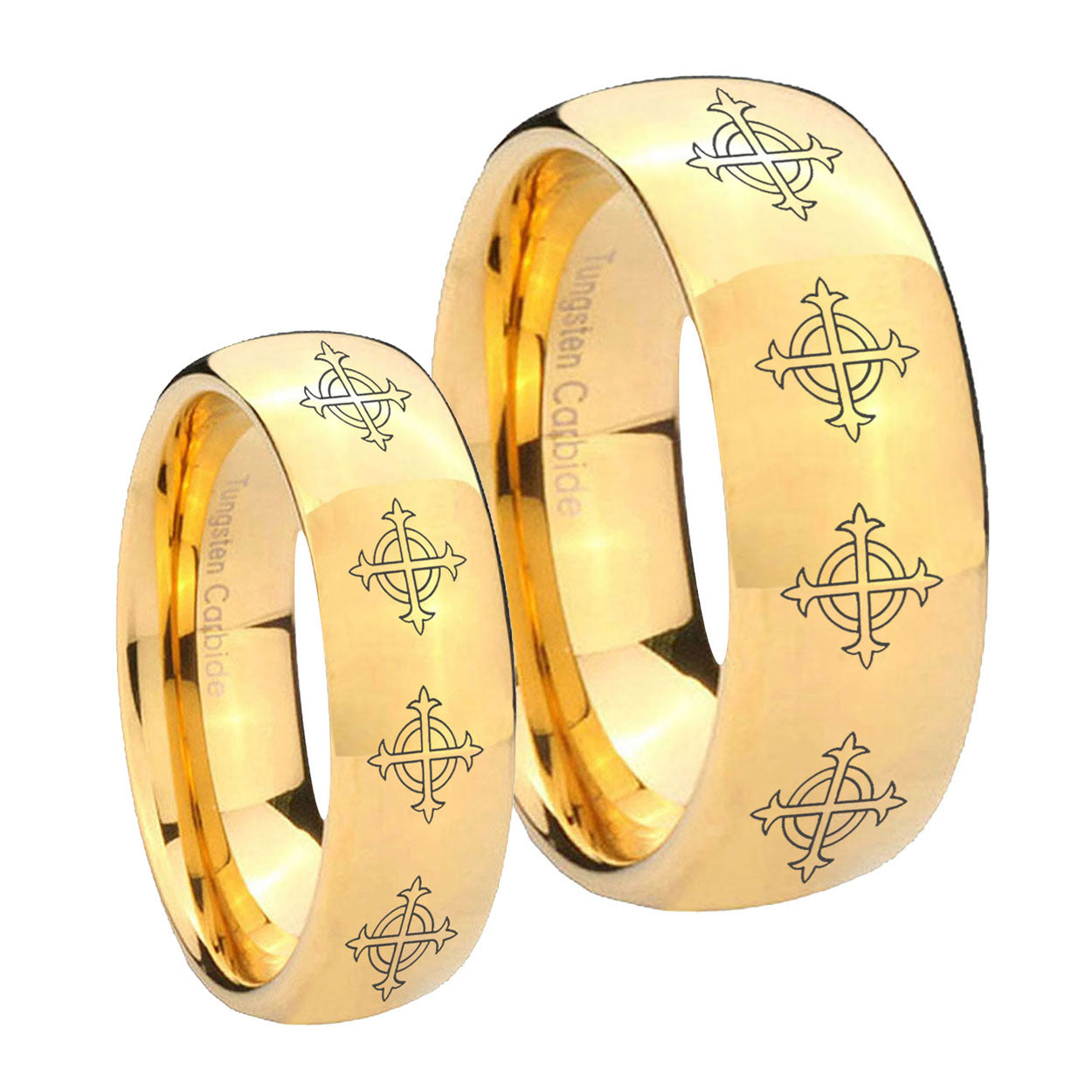 Multiple Crosses Dome Gold Tungsten His Hers Set Rings
