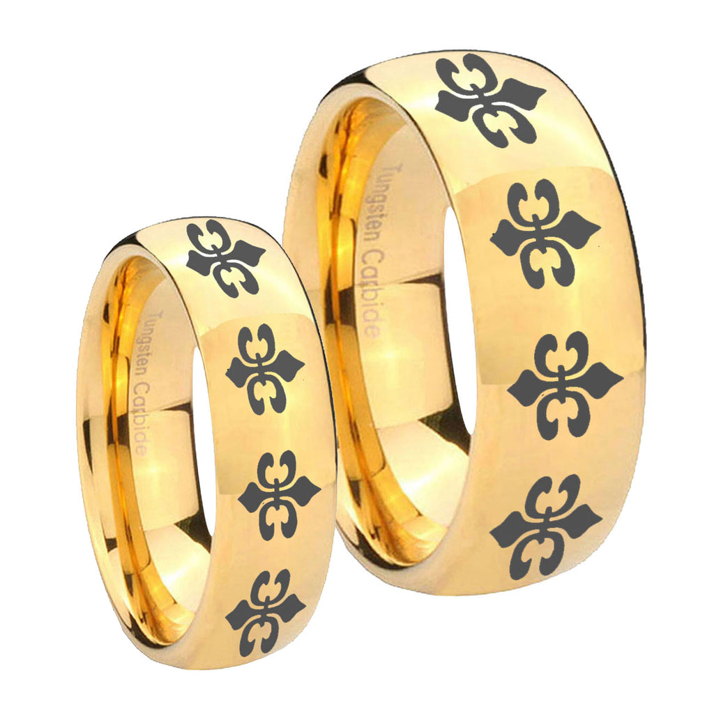 Multiple Fleur De Lis Dome Gold Tungsten His Hers Ring Set