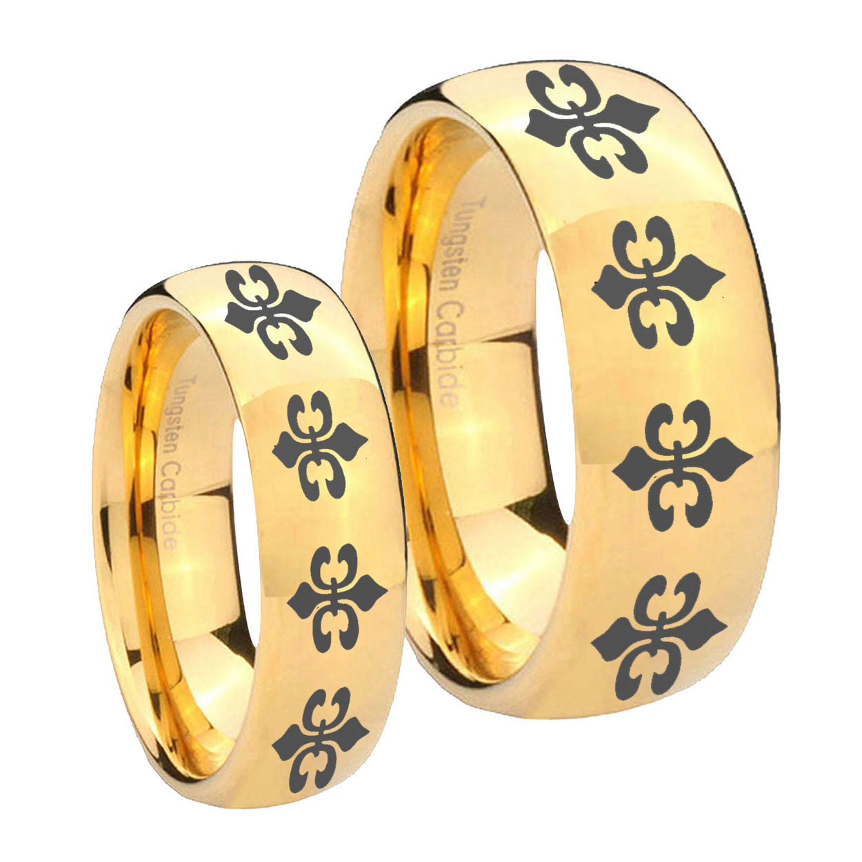 Multiple Fleur De Lis Dome Gold Tungsten His Hers Ring Set