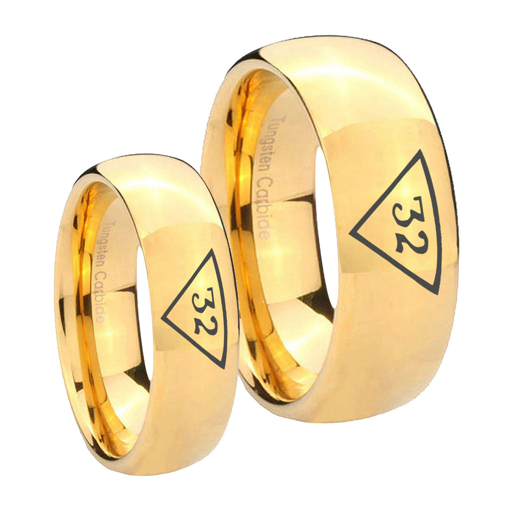 Masonic 32 Triangle Freemason Dome Gold Tungsten Bridal Band Set