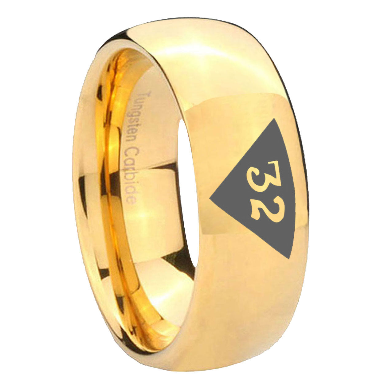 8MM Masonic 32 Triangle Freemason Dome Polish Gold Tungsten Ring Men