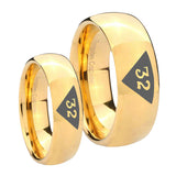 Bride and Groom Masonic 32 Triangle Design Freemason Dome Gold Tungsten Carbide Men's Wedding Ring Set