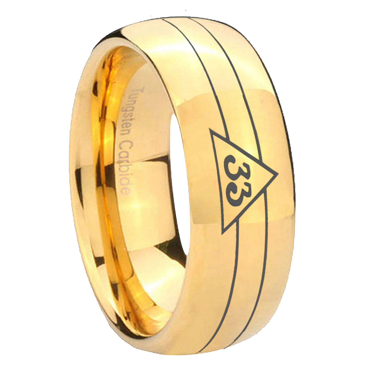 8MM Masonic 32 Duo Line Freemason Dome Polish Gold Tungsten Band