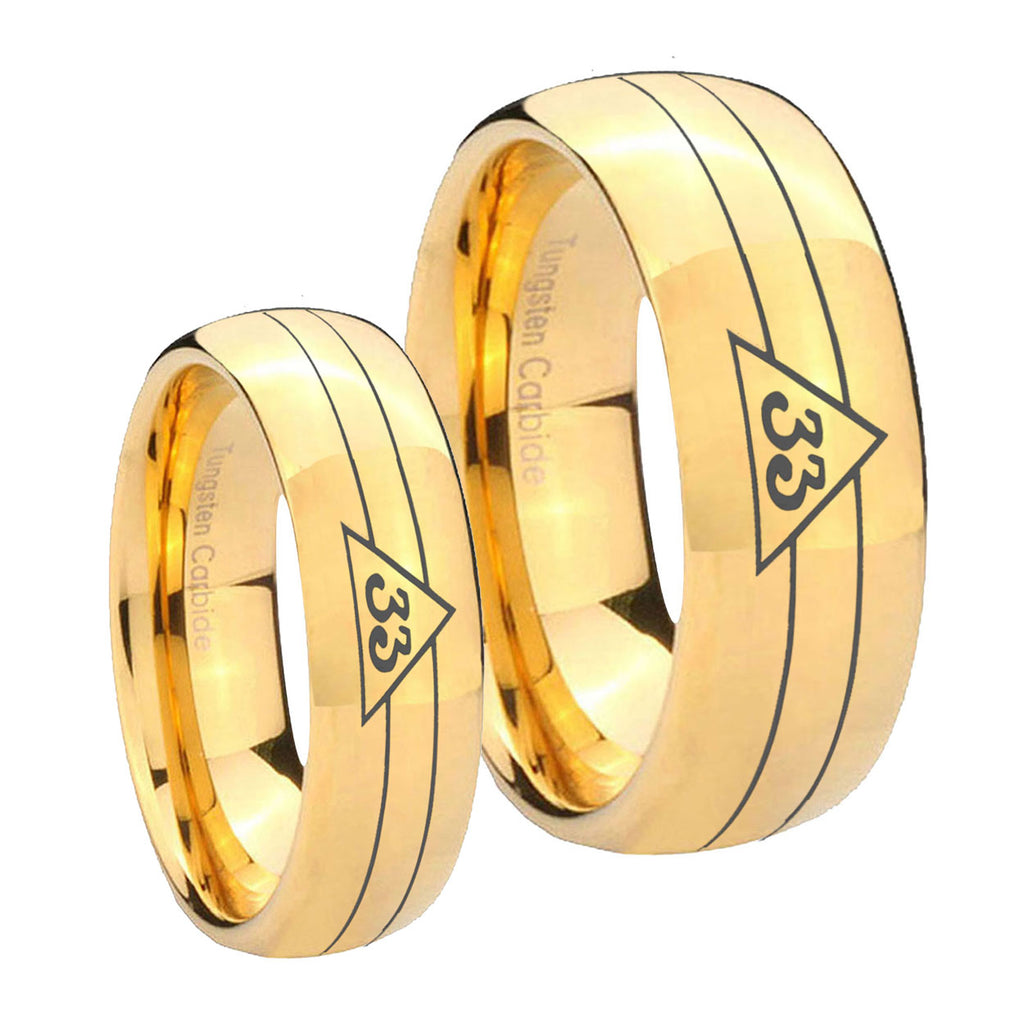 Masonic 32 Duo Line Freemason Dome Gold Tungsten Wedding Ring Set