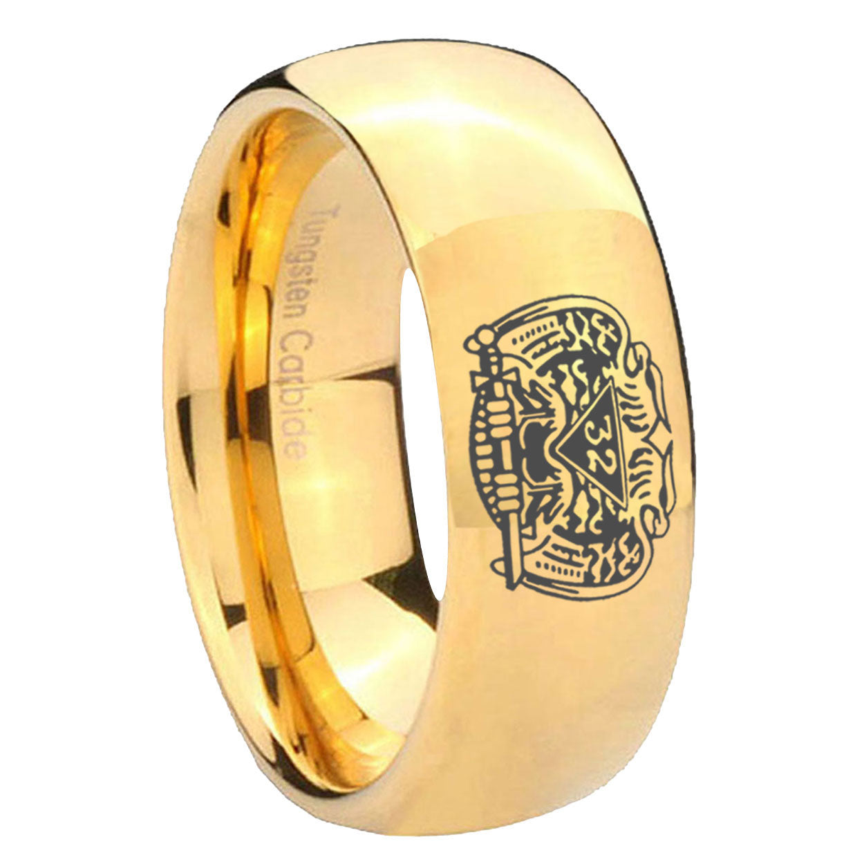 10mm Masonic 32 Degree Freemason Dome Gold Tungsten Carbide Men's Engagement Band