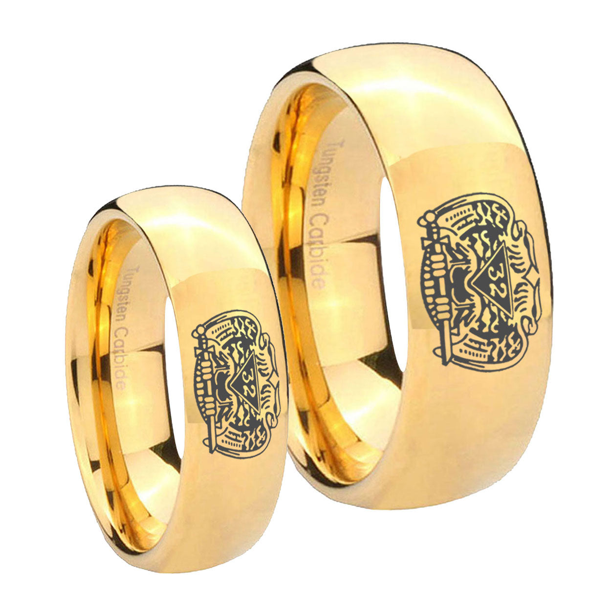 Masonic 32 Degree Freemason Dome Gold Tungsten Couple Rings