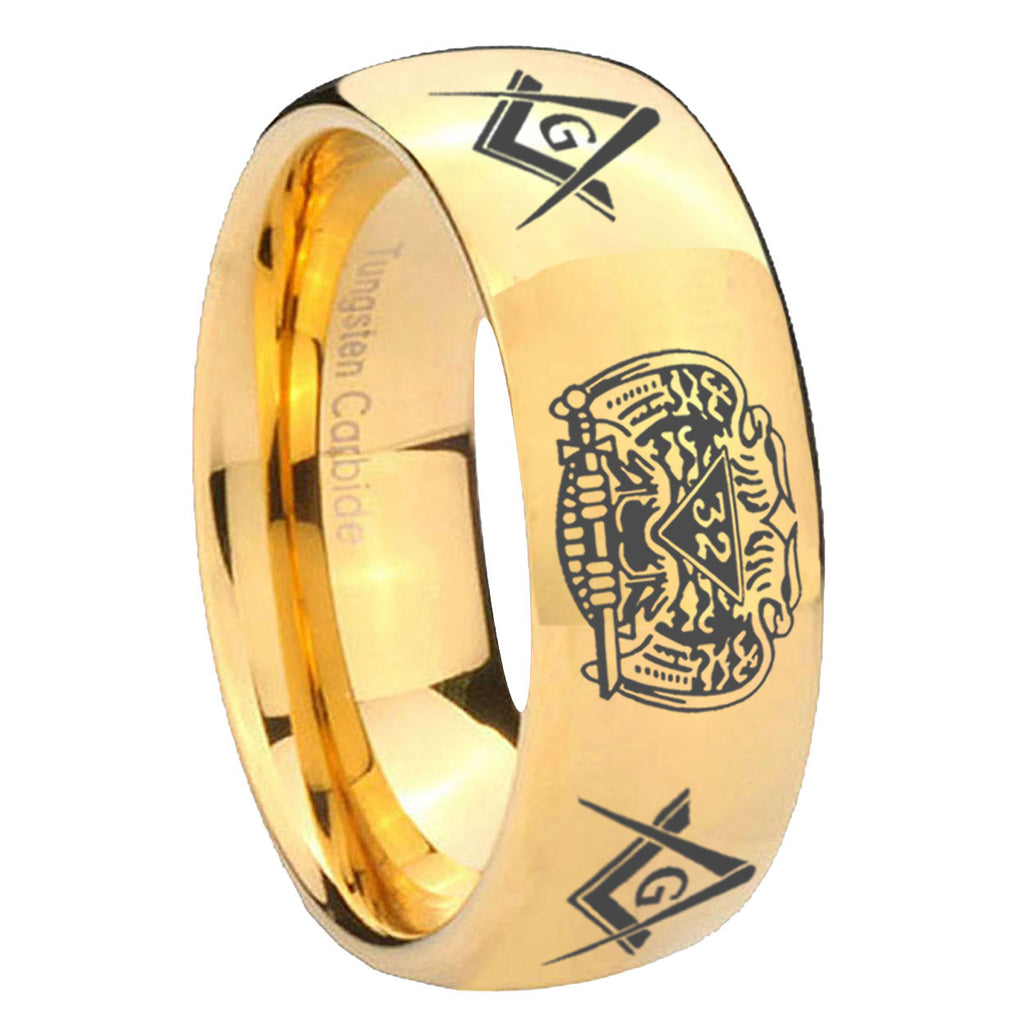 10mm Masonic 32 Design Dome Gold Tungsten Carbide Personalized Ring