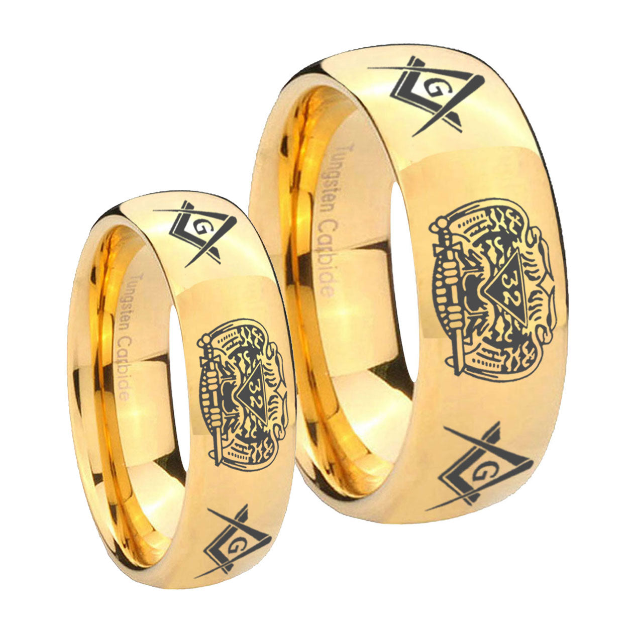 Masonic 32 Design Dome Gold Tungsten Mens Set Ring