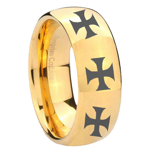 10mm Multiple Maltese Cross Dome Gold Tungsten Carbide Mens Anniversary Ring