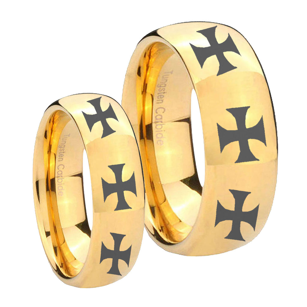 Multiple Maltese Cross Dome Gold Tungsten His Hers Set Rings