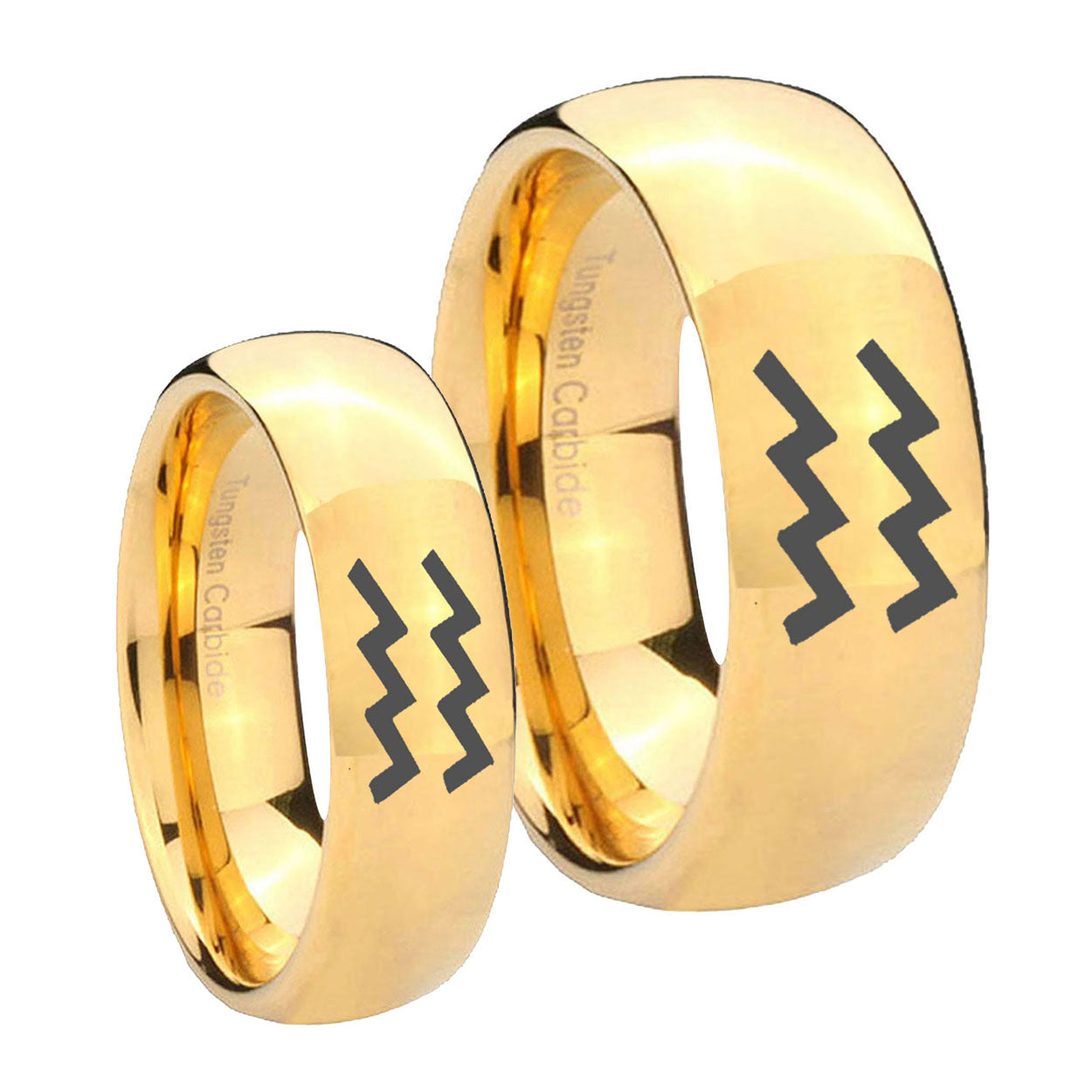 Aquarius Horoscope Dome Gold Tungsten Wedding Ring Set