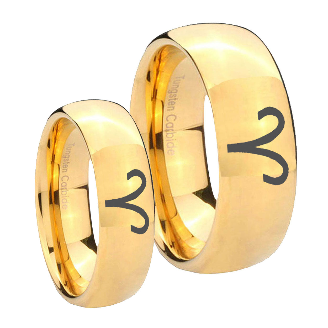 Aries Zodiac Dome Gold Tungsten Bridal Set Rings