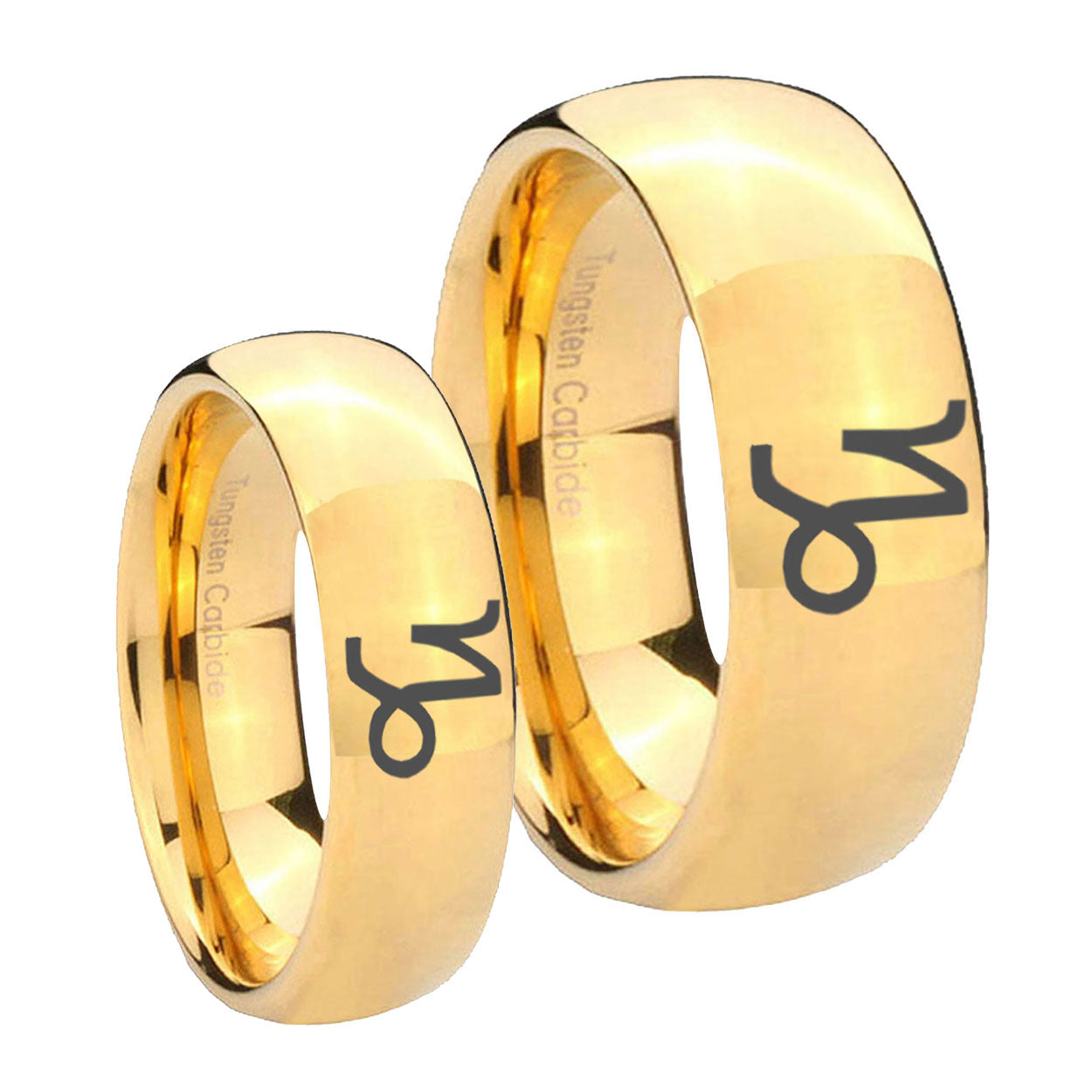 Capricorn Zodiac Dome Gold Tungsten Bridal Set Rings