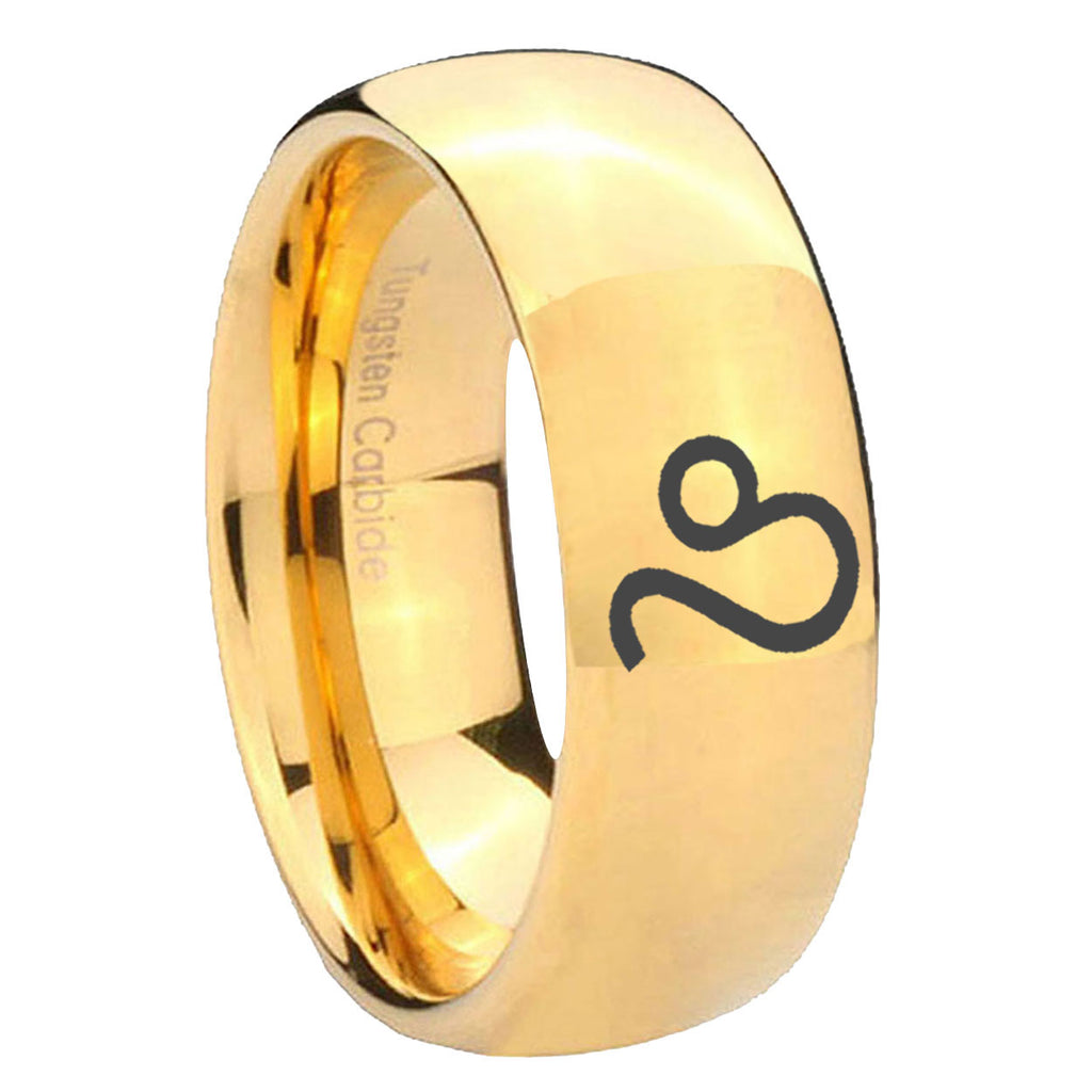 8MM Leo Zodiac Dome Polish Gold Tungsten Mens Ring
