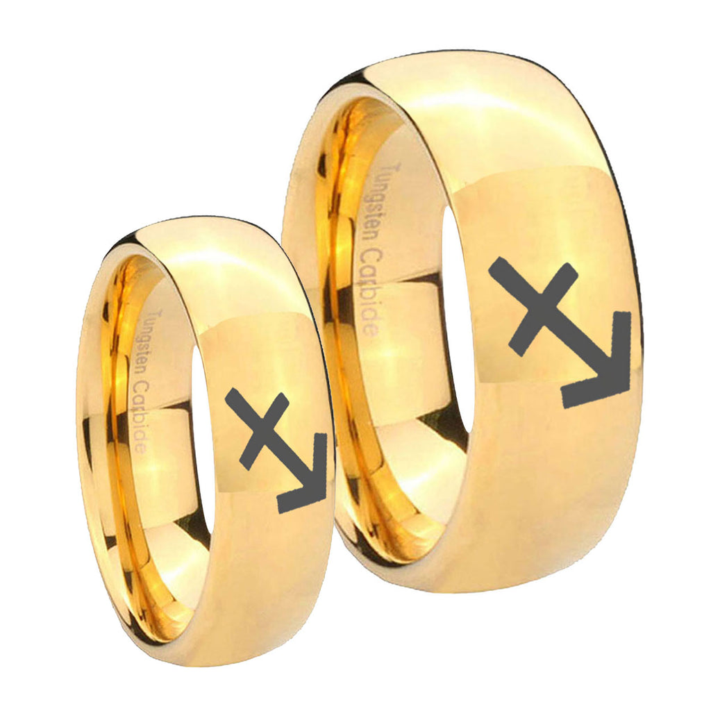 Sagittarius Zodiac Dome Gold Tungsten Wedding Set Rings