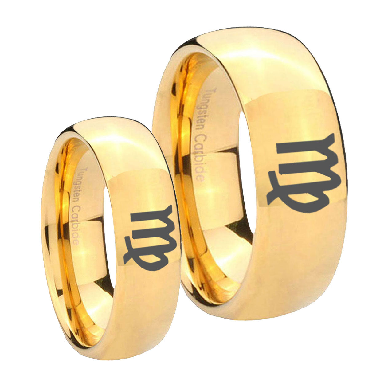 Virgo Zodiac Dome Gold Tungsten Bridal Set Rings