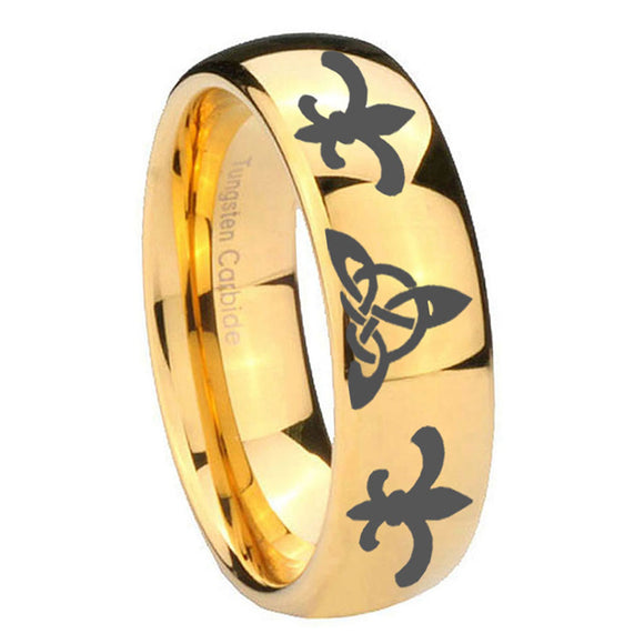 8mm-Celtic-Triangle-Fleur-De-Lis-Dome-Gold-Tungsten-Carbide-Men's-Wedding-Band