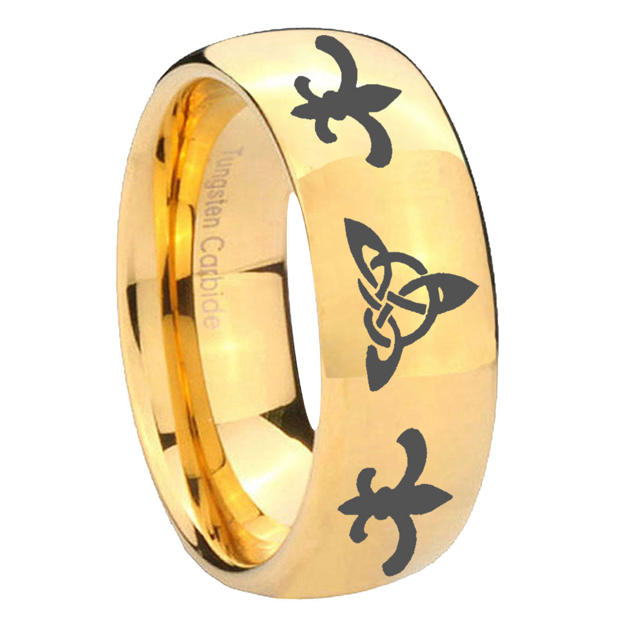 8MM Celtic Triangle Fleur Delis Dome Polish Gold Tungsten Band