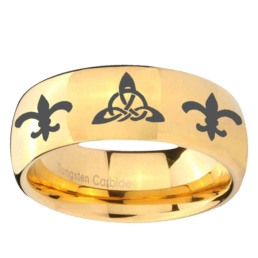 5MM Celtic Triangle Fleur Delis Dome Polish Gold Tungsten Band