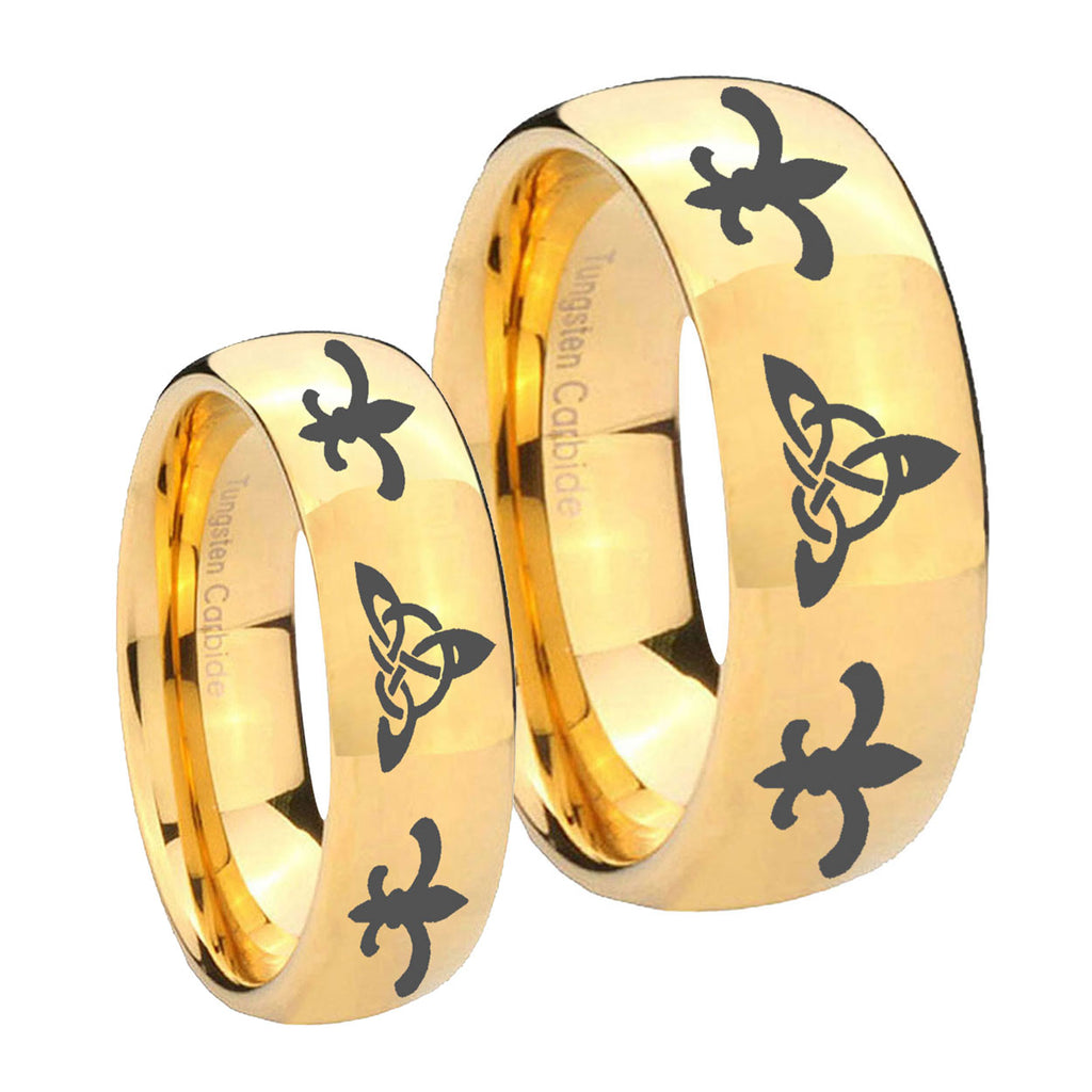 Celtic Triangle Fleur De Lis Dome Gold Tungsten Wedding Set Ring
