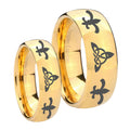Celtic Triangle Fleur De Lis Dome Gold Tungsten Wedding Set Ring