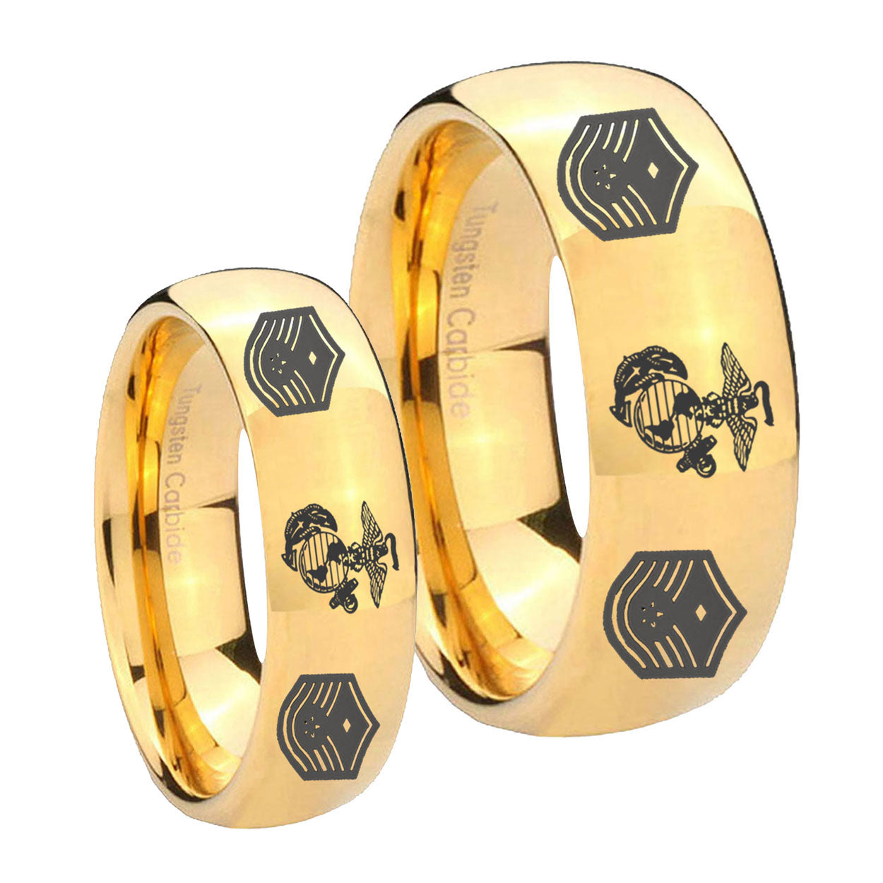 Marine Chief Master Sergeant Dome Gold Tungsten Wedding Set Rings