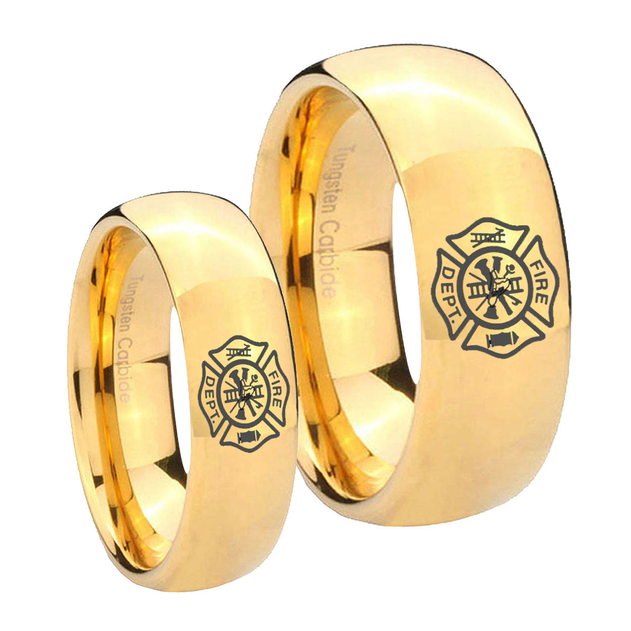 Fire Department Dome Gold Tungsten Wedding Ring Sets