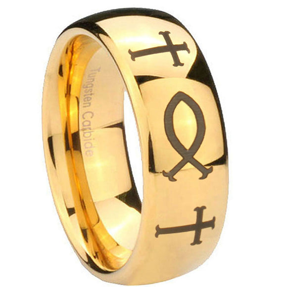 10mm-Fish-&-Cross-Dome-Gold-Tungsten-Carbide-Men's-Promise-Rings