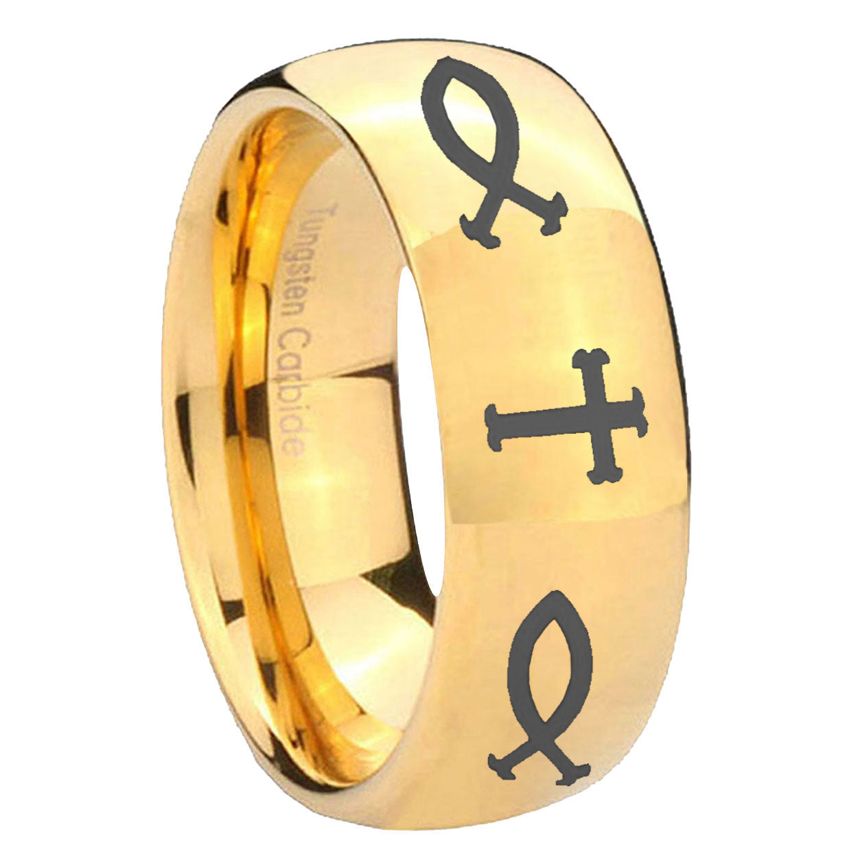 10mm Fish & Cross Dome Gold Tungsten Carbide Men's Promise Rings