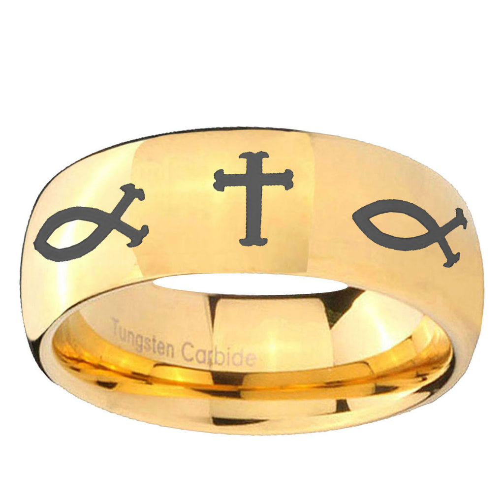 5MM Fish And Cross Dome Polish Gold Tungsten Mens Engagement Ring