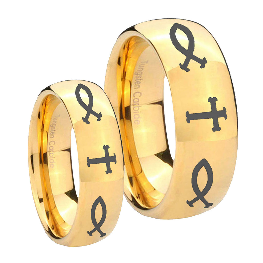 Fish & Cross Dome Gold Tungsten Bridal Ring Sets