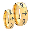 Fish & Cross Dome Gold Tungsten Bridal Ring Sets
