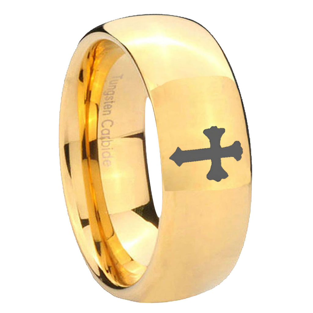8MM Flat Christian Cross Dome Polish Gold Tungsten Rings