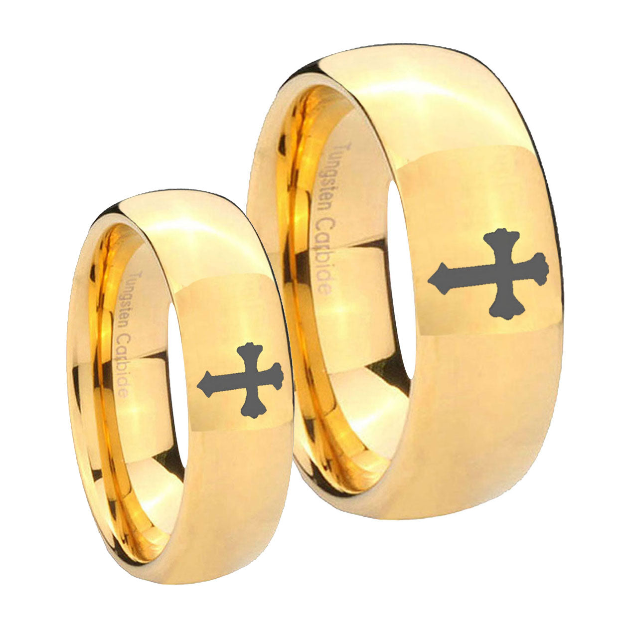 Flat Christian Cross Dome Gold Tungsten Mens Set Ring