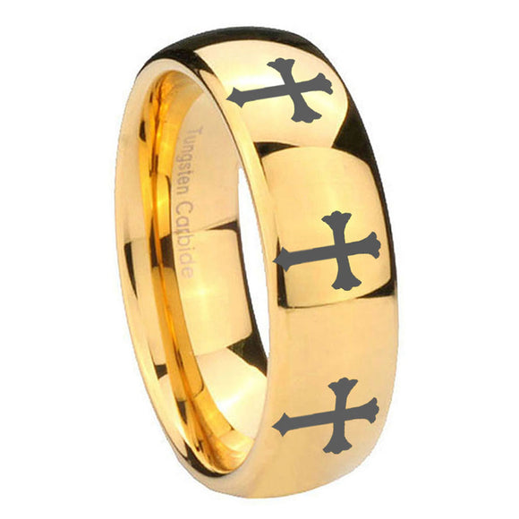 8mm-Multiple-Christian-Cross-Dome-Gold-Tungsten-Carbide-Engagement-Ring