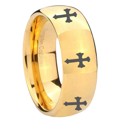 10mm Multiple Christian Cross Dome Gold Tungsten Carbide Men's Band Ring