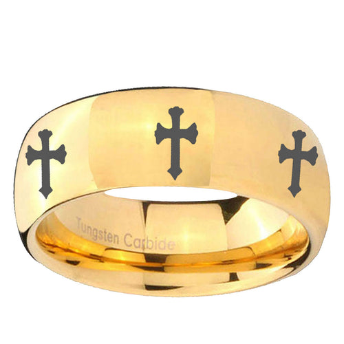 10mm Multiple Christian Cross Dome Gold Tungsten Ring