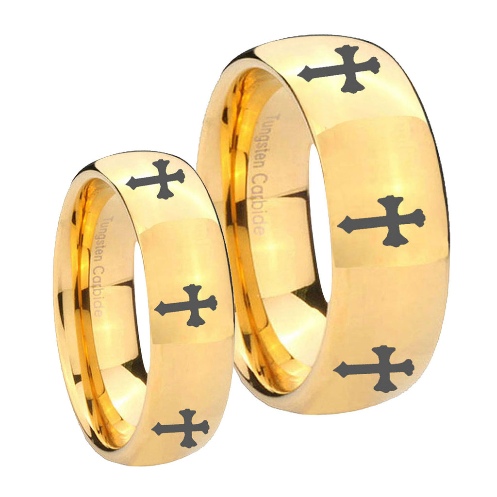 Multiple Christian Cross Dome Gold Tungsten Bridal Set Rings