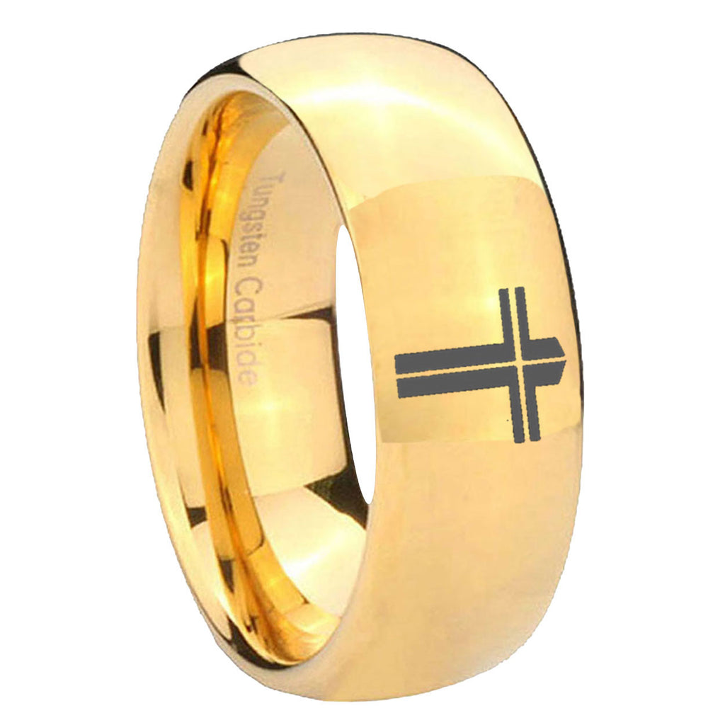 8MM Flat Christian Cross Dome Polish Gold Tungsten Ring For Man