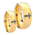 Flat Christian Cross Dome Gold Tungsten Mens Ring Set