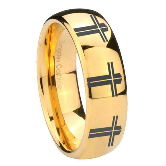 8mm-Multiple-Christian-Cross-Dome-Gold-Tungsten-Carbide-Men's-Wedding-Ring