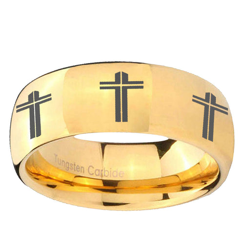 10mm Multiple Christian Cross Dome Gold Tungsten Ring
