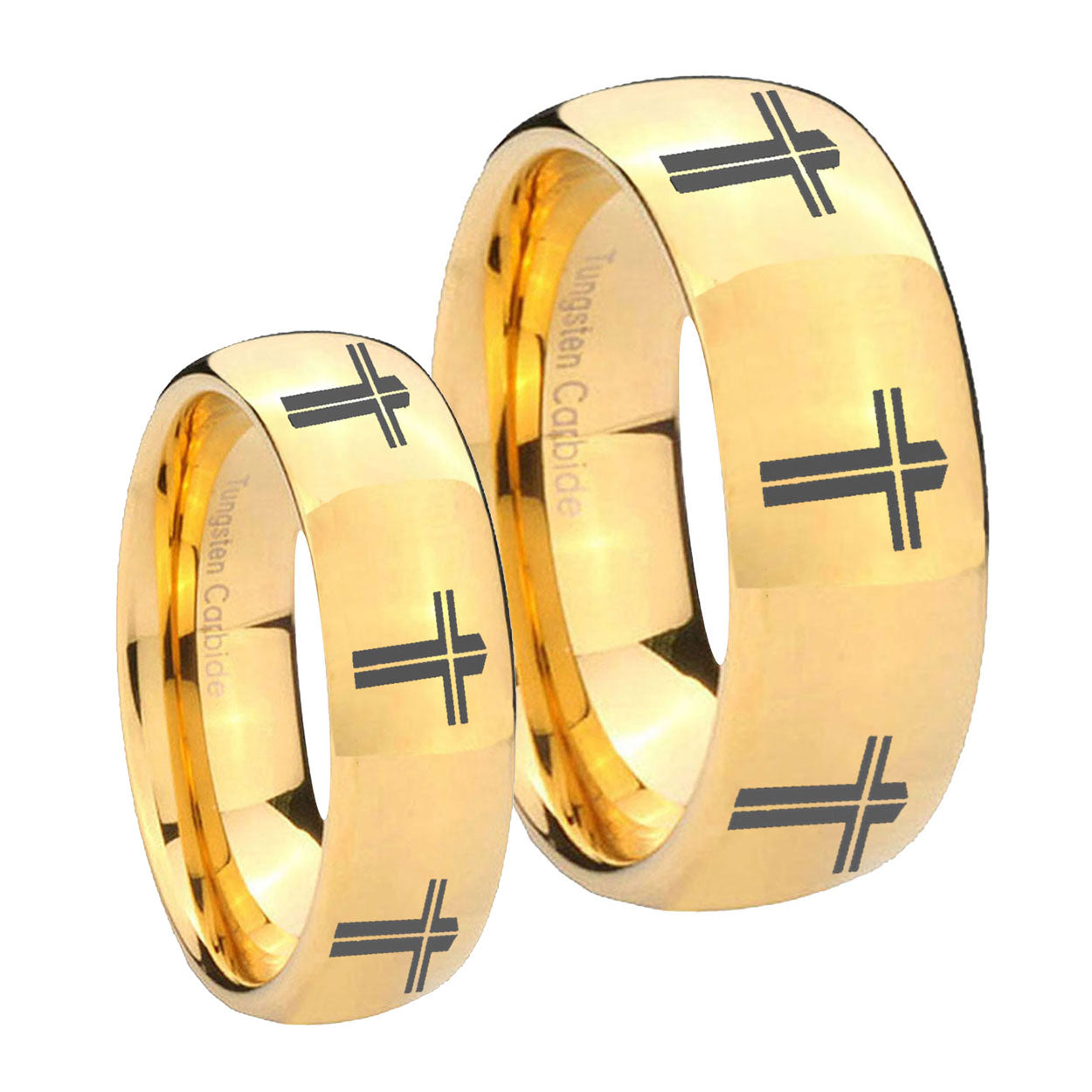 Multiple Christian Cross Dome Gold Tungsten Couple Wedding Rings
