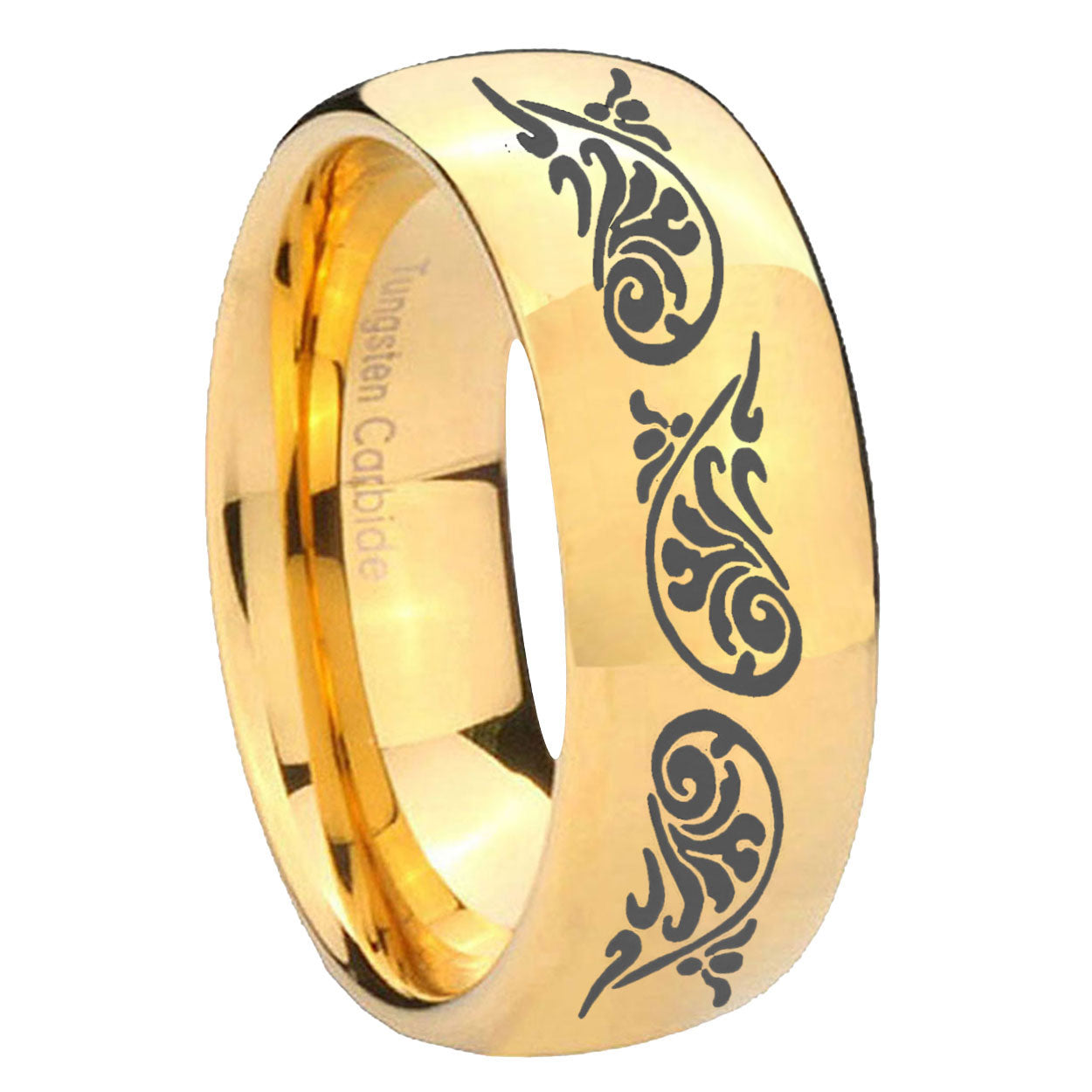 10mm Etched Tribal Pattern Dome Gold Tungsten Carbide Men's Bands Ring