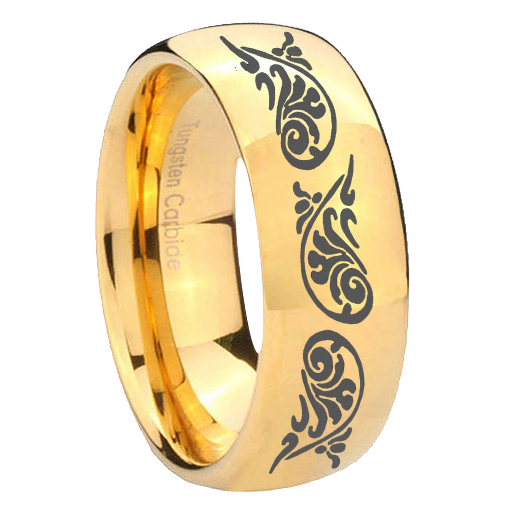 8MM Etched Tribal Pattern Dome Polish Gold Tungsten Promise Ring