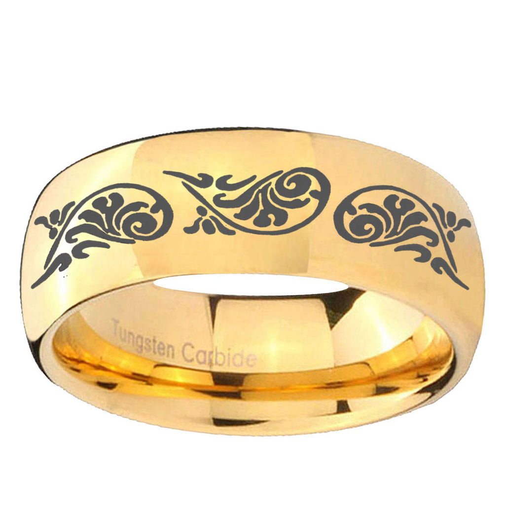10mm Etched Tribal Pattern Dome Gold Tungsten Ring