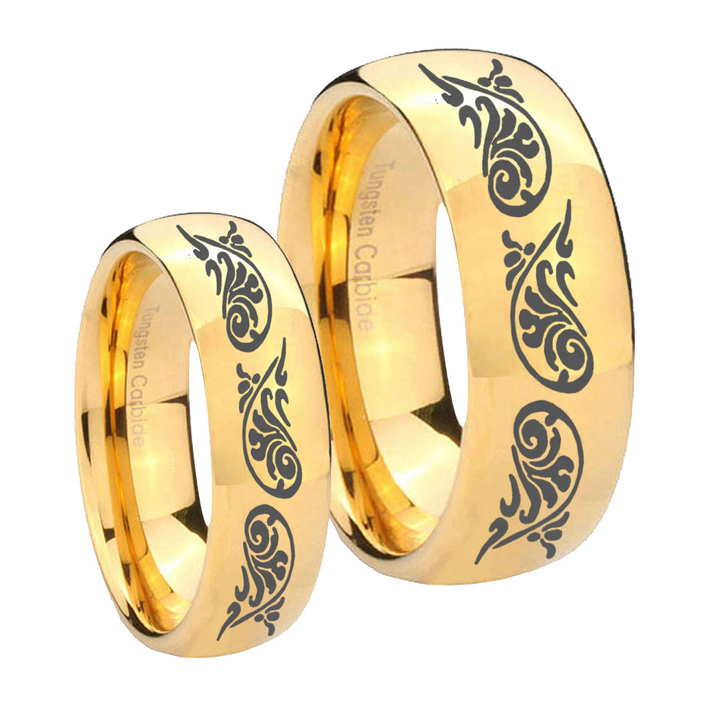 Etched Tribal Pattern Dome Gold Tungsten His and Hers