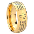 10mm Etched Lord's Prayer Cross Dome Gold Tungsten Carbide Wedding Band Mens
